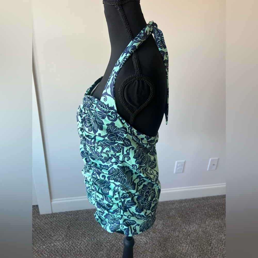Lands' End Mint green and Navy Floral Swimsuit Halter Top Size 14 - Picture 2 of 8